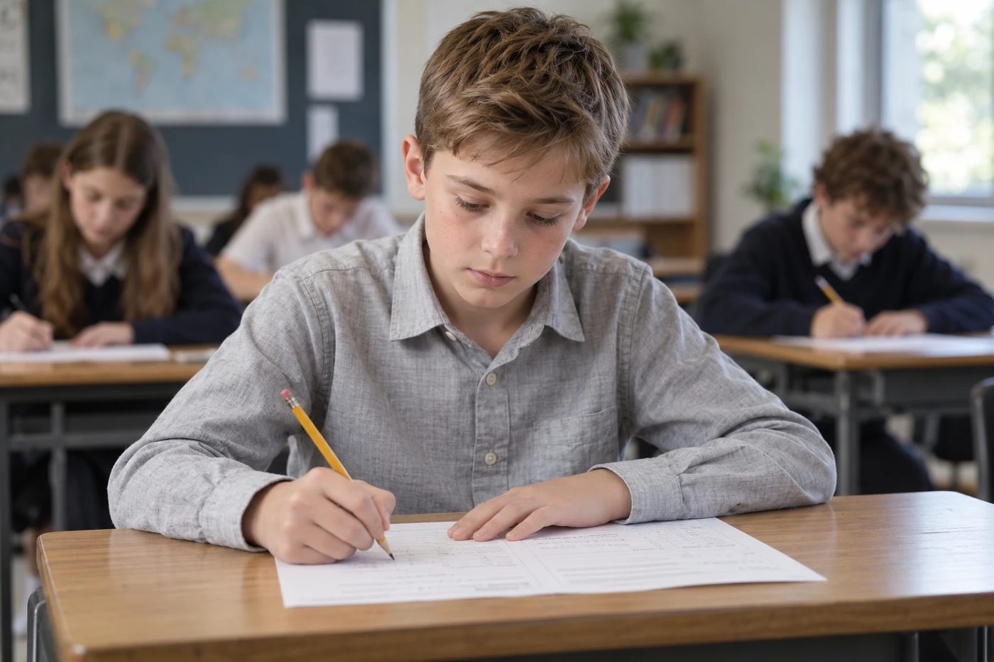 A student answering a test paper at a desk while classmates work at their own desks