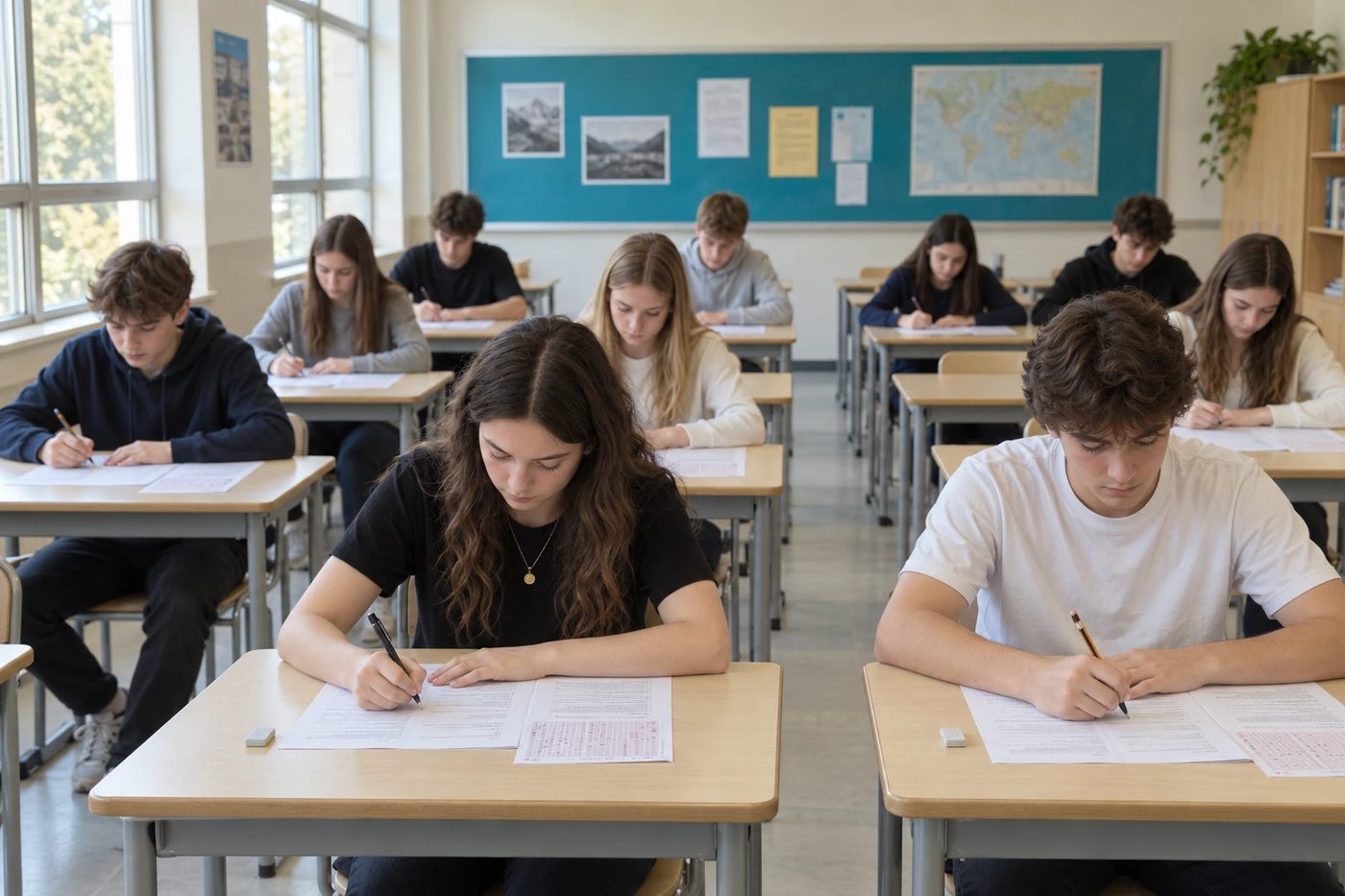Students seated at spaced desks working through a test paper and answer sheet