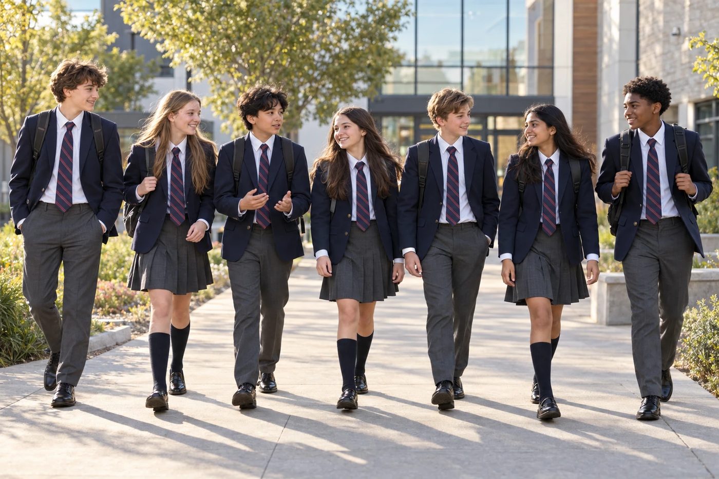 Students in navy blazers and striped ties walking together along a campus path